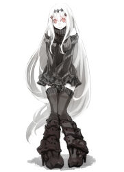 Rule 34 | 10s, 1girl, abyssal ship, aircraft carrier water oni, armor, armored boots, black gloves, black thighhighs, boots, detached sleeves, dress, full body, gloves, greaves, kantai collection, long hair, looking at viewer, mephisto (angraecum), red eyes, ribbed dress, ribbed sweater, short dress, solo, standing, sweater, sweater dress, thighhighs, very long hair, white background, white hair, zettai ryouiki