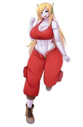 Rule 34 | 1girl, android, blonde hair, blue eyes, blush, breasts, curly brace, curvy, doll joints, doukutsu monogatari, highres, joints, large breasts, long hair, pants, robot, robot joints, solo, tank top, wide hips