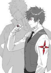 Rule 34 | 2boys, cezaria, closed mouth, collared shirt, enma kozato, epaulettes, faceless, faceless male, from side, gem, greyscale, hair between eyes, hand on another&#039;s shoulder, hand up, high collar, highres, jacket, jacket on shoulders, jewelry, katekyo hitman reborn!, looking at hand, looking at object, male focus, monochrome, multiple boys, necktie, parted lips, profile, red eyes, red gemstone, ring, shirt, short hair, simon cozzato, simple background, smile, spot color, upper body, vest, white background