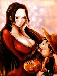 Rule 34 | 1boy, 1girl, artist request, black hair, blue eyes, boa hancock, breasts, cleavage, highres, large breasts, long hair, monkey d. luffy, one piece, smile