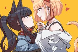 Rule 34 | 2girls, animal ears, black hair, blonde hair, closed mouth, collar, earrings, fafayu, fang, heart, highres, inoue takina, jewelry, leash, lycoris recoil, multiple girls, nishikigi chisato, parted lips, ponytail, purple eyes, short hair, skin fang, spiked collar, spikes, tail, tongue, tongue out, yuri