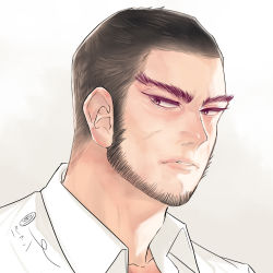 Rule 34 | 1boy, bad id, bad pixiv id, black eyes, brown hair, buttons, dan shishii, facial hair, golden kamuy, highres, long sideburns, looking at viewer, male focus, parted lips, shirt, sideburns, simple background, solo, stubble, tanigaki genjirou, thick eyebrows, upper body, white shirt