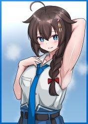 Rule 34 | 1girl, absurdres, ahoge, arm up, armpit crease, armpit sweat, armpits, black hair, blue border, blue eyes, blue necktie, blue pants, blush, border, bow, bowtie, braid, breast pocket, breasts, buttons, collarbone, collared shirt, commentary request, hair between eyes, hair bow, hair flaps, hair ornament, hair over shoulder, highres, kantai collection, looking at viewer, medium breasts, necktie, official alternate costume, pants, pocket, presenting, presenting armpit, red bow, red bowtie, shigure (kancolle), shigure kai ni (kancolle), shirt, shirt tucked in, sideboob, single braid, sleeveless, sleeveless shirt, smile, solo, standing, steaming body, sweat, teeth, tokiwa senkei, upper body, white shirt