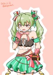 Rule 34 | 1girl, absurdres, anchovy (girls und panzer), armband, bow, bowtie, breasts, cleavage, collar, commentary request, cowboy shot, dated, detached collar, drill hair, drops mint, gift, girls und panzer, girls und panzer senshadou daisakusen!, gloves, green hair, green ribbon, green skirt, hair ribbon, heart, highres, holding, holding gift, layered skirt, long hair, looking at viewer, medium breasts, miniskirt, navel, open mouth, outline, partial commentary, pink background, pink bow, pink bowtie, pink gloves, pink ribbon, red eyes, ribbon, simple background, skirt, smile, solo, standing, strapless, striped bow, striped bowtie, striped clothes, striped neckwear, striped skirt, tube top, twin drills, twintails, twitter username, valentine, vertical-striped clothes, vertical-striped skirt, white collar, white outline