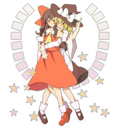 2girls bad_id bad_pixiv_id blonde_hair bow brown_hair detached_sleeves female_focus hakurei_reimu hat japanese_clothes kirisame_marisa kutsushita kutsushita_(tokati_r) long_hair miko multiple_girls red_eyes shoes star_(symbol) touhou witch witch_hat yellow_eyes yuri