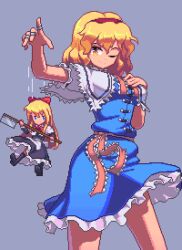Rule 34 | 1girl, ;), alice margatroid, blonde hair, blue dress, blue eyes, capelet, commentary, doll, dress, frilled dress, frills, grey background, hairband, holding, holding weapon, looking at viewer, one eye closed, pixel art, potemki11, red hairband, shanghai doll, short hair, simple background, smile, solo, touhou, weapon, white capelet, yellow eyes