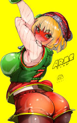 Rule 34 | 1girl, armpits, arms (game), arms up, ass, back peek, beanie, blonde hair, blush, bob cut, breasts, domino mask, eyebrows visible through mask, from behind, green eyes, hat, highres, knit hat, large breasts, pantyhose under shorts, mask, min min (arms), nintendo, orange shorts, pantyhose, short hair, shorts, solo, stretching, takayama toshinori, yellow background