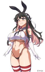 Rule 34 | 1girl, black hair, black panties, blue sailor collar, breasts, cameltoe, cosplay, cowboy shot, crop top, crop top overhang, elbow gloves, fang, gloves, hairband, highleg, highleg panties, highres, isemagu, kantai collection, large breasts, long hair, multicolored hair, naganami (kancolle), navel, no pants, panties, pink hair, remodel (kantai collection), ribbon, sailor collar, shimakaze (kancolle), shimakaze (kancolle) (cosplay), shimakaze (soundz of bell), simple background, solo, standing, striped clothes, striped thighhighs, thighhighs, thighs, twitter username, underboob, underwear, wavy mouth, white background, white gloves, white ribbon, yellow eyes