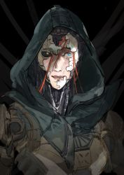 Rule 34 | 1girl, absurdres, android, apex legends, ash (titanfall 2), ashleigh reid, black background, black sclera, blue eyes, colored sclera, dual persona, hair between eyes, highres, hood, hood up, lenjor, mask, nervous, open mouth, orange hair, portrait, puzzle piece, simulacrum (titanfall), sketch, smile, solo focus, yellow eyes