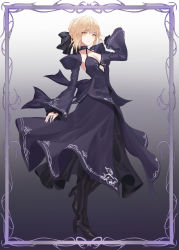 Rule 34 | 1girl, absurdres, artoria pendragon (all), artoria pendragon (fate), black bow, black footwear, black legwear, black skirt, black sleeves, blonde hair, boots, bow, breasts, card (medium), choker, cleavage, fate/stay night, fate (series), full body, gradient background, hair bow, halterneck, high heel boots, high heels, highres, knee boots, long skirt, long sleeves, looking at viewer, lucifer liyen, medium breasts, parted lips, saber alter, short hair, shrug (clothing), skirt, solo, standing, standing on one leg, wide sleeves, yellow eyes