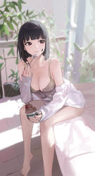 Rule 34 | 1girl, absurdres, bare legs, barefoot, black hair, black nails, blurry, blurry background, blush, bob cut, bra, breasts, brown eyes, cleavage, closed mouth, commentary, english commentary, facial tattoo, food, foot out of frame, highres, holding, holding food, holding spoon, ice cream, indoors, large breasts, leaf, long sleeves, looking to the side, mac star, nail polish, off shoulder, on bed, original, plant, potted plant, shirt, short hair, sitting, sleeves past wrists, solo, spoon, star tattoo, tattoo, underwear, white shirt