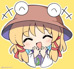 Rule 34 | 1girl, blonde hair, blush, closed eyes, hair ribbon, hands on own face, happy, hat, long sleeves, moriya suwako, purple vest, ramudia (lamyun), red ribbon, ribbon, short hair, simple background, smile, solo, touhou, vest, wide sleeves, yellow background