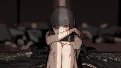 Rule 34 | 1girl, black hair, blood, blood on face, blood on hands, blood splatter, corpse, death, gogalking, legs together, long hair, looking at viewer, original, red eyes, sitting, slit pupils, solo