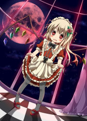 Rule 34 | 1girl, alternate costume, apron, blonde hair, blush, checkered floor, clothes lift, curtains, dress, dress lift, dutch angle, enmaided, flandre scarlet, floor, flower, full moon, hair flower, hair ornament, kazura, long hair, looking at viewer, maid, maid apron, maid headdress, moon, open mouth, pantyhose, pigeon-toed, red dress, red eyes, red moon, red skirt, rose, skirt, sky, smile, solo, star (sky), starry sky, touhou, window, wings