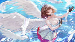 Rule 34 | 1girl, absurdres, anna (illusion connect), bare shoulders, bird, black gloves, bob cut, breasts, brown hair, choker, cleavage, closed eyes, collarbone, criss-cross halter, crown, diffraction spikes, dove, dress, feathered wings, feathers, floral dress, flower, from above, genera-x, gloves, halter dress, halterneck, hands up, highres, illusion connect, jewelry, large breasts, low neckline, medium dress, medium hair, music, musical note, official art, open mouth, ribbon, ring, ripples, rose, singing, swept bangs, wading, water, wings, wrist ribbon