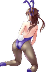 Rule 34 | 1girl, animal ears, ass, back, backless leotard, bare arms, bare shoulders, black pantyhose, brown hair, chaigidhiell, fake animal ears, hair ribbon, highres, himekaidou hatate, kneeling, leotard, looking at viewer, looking back, pantyhose, playboy bunny, purple eyes, rabbit ears, rabbit tail, ribbon, solo, tail, touhou, twintails