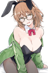 Rule 34 | 1girl, absurdres, alternate costume, animal ear hairband, animal ears, araki hina, arm support, bare shoulders, black leotard, black pantyhose, bow, bowtie, breasts, cleavage, detached collar, fake animal ears, fake tail, glasses, green jacket, groin, hairband, highres, idolmaster, idolmaster cinderella girls, jacket, jacket partially removed, large breasts, leotard, looking at viewer, orange hair, pantyhose, playboy bunny, rabbit ear hairband, rabbit ears, rabbit tail, red bow, red bowtie, simple background, sitting, solo, strapless, strapless leotard, sweatdrop, tail, track jacket, unu (unucence), white background