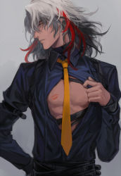 Rule 34 | 1boy, bad id, bad pixiv id, black hair, changye, contemporary, duplicate, fate/grand order, fate (series), formal, lipstick mark, male focus, multicolored hair, necktie, odysseus (fate), open clothes, open shirt, pectoral cleavage, pectorals, pixel-perfect duplicate, red hair, solo, streaked hair, suit, white hair, yellow eyes