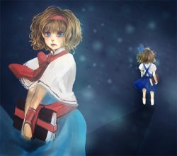 Rule 34 | 2girls, alice margatroid, alice margatroid (pc-98), bad deviantart id, bad id, blue dress, blue eyes, book, capelet, child, dress, dual persona, female focus, from behind, grimoire, grimoire of alice, hairband, multiple girls, mystic square, necktie, sheryth, short hair, skirt, time paradox, touhou, touhou (pc-98), aged down