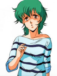 Rule 34 | 1980s (style), 1girl, brown eyes, green hair, hirano toshihiro, lowres, megazone 23, oldschool, retro artstyle, shirt, short hair, simple background, solo, striped clothes, striped shirt, takanaka yui