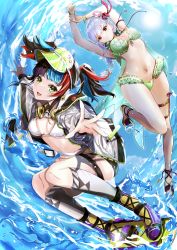 Rule 34 | 2girls, absurdres, armlet, badge, bare shoulders, bikini, black hair, black shorts, blue hair, blush, bracelet, braid, braided ponytail, breasts, button badge, cleavage, collarbone, earrings, fate/grand order, fate (series), flower, frills, green bikini, green headwear, green vest, hair flower, hair ornament, hair ribbon, headphones, headphones around neck, highres, hood, hooded vest, hoodie, jacket, jewelry, kama (fate), kama (swimsuit avenger) (fate), kama (swimsuit avenger) (second ascension) (fate), large breasts, long hair, long sleeves, looking at viewer, lotus, multicolored hair, multiple girls, navel, necklace, off shoulder, open clothes, open jacket, pendant, red eyes, red hair, ribbon, sei shounagon (fate), sei shounagon (swimsuit berserker) (fate), short shorts, shorts, sidelocks, silver hair, swimsuit, thigh strap, thighs, twintails, vest, visor cap, white bikini, white jacket, yellow eyes, yuki haru