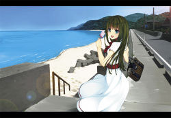 Rule 34 | 1girl, :d, bag, beach, blue eyes, blue sky, cloud, day, dress, food, from side, green hair, handbag, lens flare, letterboxed, long hair, looking at viewer, mountain, ocean, open mouth, original, outdoors, popsicle, power lines, road, sky, smile, solo, unasaka ryou, utility pole, vanishing point, water, white dress, white legwear