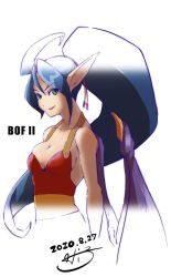 Rule 34 | 1girl, blue hair, breasts, breath of fire, breath of fire ii, capcom, cleavage, closed mouth, dragon girl, dragon wings, green eyes, hi-3, highres, long hair, looking at viewer, monster girl, patty the phantom thief, pointy ears, ponytail, simple background, smile, solo, white background, wings