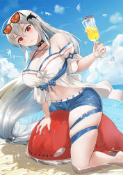 Rule 34 | 1girl, arknights, arm support, bare shoulders, barefoot, black choker, blue shorts, blue sky, blush, breasts, chinese commentary, choker, cleavage, cloud, commentary request, cup, cupping glass, day, drinking straw, eyewear on head, hair between eyes, hair ornament, highres, holding, holding cup, kneeling, large breasts, long hair, looking at viewer, low-tied long hair, nail polish, navel, no headwear, off-shoulder shirt, off shoulder, official alternate costume, red eyes, shirt, short shorts, short sleeves, shorts, silver hair, skadi (arknights), skadi (waverider) (arknights), sky, smile, solo, stomach, sunglasses, thigh strap, thighs, very long hair, whale hair ornament, white shirt, xiaochentan