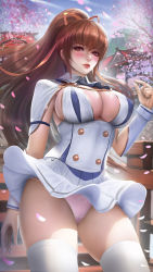 Rule 34 | 1girl, architecture, azur lane, blue sky, blush, breasts, brown eyes, brown hair, cherry blossoms, cleavage, clothes lift, cloud, collared dress, commentary, dead or alive, dress, east asian architecture, english commentary, falling petals, highres, kasumi (doa), large breasts, long hair, outdoors, panties, petals, pink panties, pleated skirt, skirt, skirt lift, sky, standing, thighhighs, thighs, turewindwalker, underwear, white dress, white skirt, white thighhighs