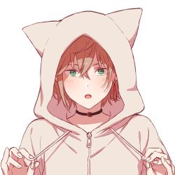 Rule 34 | 1boy, :o, animal hood, black choker, blush, choker, commentary request, drawstring, earrings, green eyes, hair between eyes, highres, holostars, hood, hood up, hoodie, jewelry, light brown hair, looking at viewer, male focus, open mouth, rikka (holostars), short hair, simple background, solo, upper body, virtual youtuber, white background, yufu kyouko, zipper
