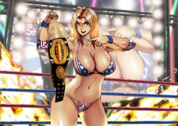 Rule 34 | 1girl, american flag bikini, american flag print, armlet, belt, bikini, blonde hair, blue eyes, breasts, butcherboy, championship belt, choker, curvy, dead or alive, fire, flag print, huge breasts, large breasts, long hair, monitor, navel, pointing, print bikini, recursion, smile, solo, sweat, swimsuit, tecmo, tina armstrong, wrestling outfit, wrestling ring