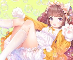Rule 34 | 1girl, :3, animal ears, animal hands, apron, bloomers, blush, brown hair, bubble, cat ears, cat girl, commentary request, dress, feet out of frame, frilled hairband, frills, gloves, hairband, kneehighs, long hair, maid, mutou mato, neck ribbon, open mouth, original, paw gloves, purple eyes, ribbon, smile, socks, solo, underwear, wavy hair, white apron, yellow dress