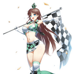 Rule 34 | 1girl, armpits, bare shoulders, black vest, blue eyes, boots, breasts, brown hair, checkered flag, cleavage, closers, criss-cross halter, crop top, cropped vest, elbow gloves, fang, flag, game cg, gloves, green shirt, green skirt, hairband, halterneck, hand up, highres, holding, holding flag, large breasts, long hair, looking at viewer, midriff, miniskirt, navel, non-web source, official art, open clothes, open mouth, open vest, outstretched arm, race queen, shirt, side slit, skirt, sleeveless, sleeveless shirt, smile, solo, stomach, thigh boots, thighs, v, very long hair, vest, white gloves, yuri seo