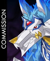 Rule 34 | blue fire, digicore interface, digimon, digimon (creature), fenriloogamon, fire, highres, red eyes, wolf