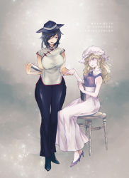 Rule 34 | 2girls, absurdres, bench, black footwear, black hair, black headwear, black pants, blonde hair, blue eyes, book, bow, breasts, brooch, collar, fedora, gin fragrans, hat, highres, holding hands, jewelry, maribel hearn, medium breasts, mob cap, multiple girls, pants, purple footwear, purple shirt, shirt, skirt, sleeveless, smile, touhou, translation request, usami renko, wavy hair, white background, white bow, white collar, white headwear, white shirt, white skirt