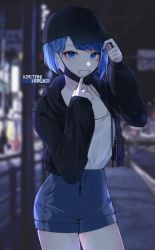 Rule 34 | black headwear, black jacket, blue eyes, blue hair, blurry, blurry background, character name, commentary request, depth of field, grin, hand on headwear, hands up, high-waist shorts, hood, hood down, hooded jacket, jacket, kiritani haruka, looking at viewer, mask, mask pull, mouth mask, night, outdoors, pik4, project sekai, shirt, shirt tucked in, short hair, shorts, smile, solo, white shirt