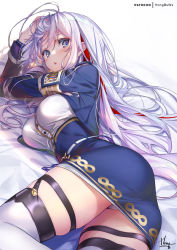 Rule 34 | 1girl, 86 -eightysix-, :o, ahoge, ass, belt, blue eyes, blue jacket, blue skirt, blush, breasts, hand in own hair, hand on own head, hong (white spider), jacket, long hair, looking at viewer, lying, medium breasts, military, military rank insignia, military uniform, multicolored hair, o-ring, o-ring belt, on side, panties, pantyshot, parted lips, patreon username, red hair, ruffling hair, shirt, skindentation, skirt, solo, streaked hair, thigh strap, thighhighs, thighs, underwear, uniform, vladilena millize, white hair, white panties, white shirt, white thighhighs