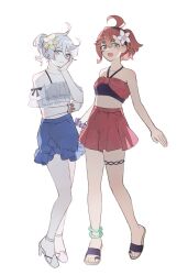Rule 34 | 2girls, ahoge, alternate costume, alternate hairstyle, bare shoulders, black hairband, blue skirt, bracelet, collarbone, commentary request, crop top, flower, full body, grey eyes, grey hair, gundam, gundam suisei no majo, hair between eyes, hair flower, hair ornament, hairband, hand on own cheek, hand on own face, high heels, highres, jewelry, looking at viewer, miorine rembran, multiple girls, navel, red hair, red skirt, sae1293, sandals, short hair, simple background, skirt, smile, standing, suletta mercury, swept bangs, swimsuit, thick eyebrows, thigh strap, white background, white flower, yellow flower