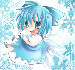 Rule 34 | &gt;:d, 1girl, :d, ahoge, asyuaffw, blue eyes, blue hair, bow, chibi, cirno, fang, hair bow, hair ribbon, highres, holding, ice, looking at viewer, matching hair/eyes, open mouth, ribbon, short hair, smile, snowflakes, solo, touhou, v-shaped eyebrows, wings