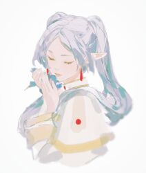 Rule 34 | 1girl, capelet, closed eyes, closed mouth, dress, earrings, elf, frieren, grey hair, hands up, highres, jewelry, long hair, long sleeves, pointy ears, simple background, solo, sousou no frieren, upper body, white background, white capelet, white dress, yueko (jiayue wu)