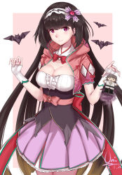 Rule 34 | 1girl, bat (animal), black hair, blush, bow, breasts, brown hair, chaldea uniform, character doll, cleavage, cloak, commentary request, cowboy shot, dated, fate/grand order, fate (series), fujimaru ritsuka (male), gradient hair, hair ornament, hairband, highres, hood, hood down, hooded cloak, long hair, low twintails, medium breasts, multicolored hair, origami, osakabehime (fate), puffy short sleeves, puffy sleeves, purple eyes, purple skirt, sash, short sleeves, signature, skirt, solo, standing, twintails, unique (pixiv12704744), very long hair
