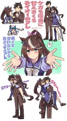 1boy 2girls animal_ears bandaged_foot bandages blue_eyes bow bowtie brown_hair carrying commentary_request crutch feeding formal_clothes highres horse_ears horse_girl horse_tail ido_(teketeke) incoming_hug long_hair mejiro_mcqueen_(umamusume) multicolored_hair multiple_girls piggyback pleated_skirt ponytail princess_carry purple_sailor_collar purple_serafuku purple_skirt purple_thighhighs sailor_collar school_uniform serafuku single_thighhigh skirt streaked_hair suit tail thighhighs tokai_teio_(umamusume) trainer_(umamusume) translation_request umamusume white_bow white_bowtie white_hair