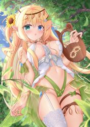 Rule 34 | 1girl, :o, bare shoulders, between breasts, blonde hair, blue eyes, breasts, collar, cowboy shot, elf, flower, garter straps, green eyes, hair flower, hair ornament, heterochromia, highres, hiyada yuu, holding, holding instrument, instrument, large breasts, long hair, looking at viewer, nature, navel, one side up, original, parted lips, pointy ears, revealing clothes, sidelocks, single thighhigh, solo, standing, stomach, sunflower, thighhighs, thighs, very long hair, white thighhighs
