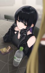 Rule 34 | 2girls, black choker, black eyes, black hair, blonde hair, bocchi the rock!, breasts, cellphone, chin piercing, choker, chuuni227, cleavage, colored inner hair, ear bar, earclip, elbows on table, goth fashion, head rest, highres, ijichi seika, large breasts, long hair, multicolored hair, multiple girls, pa-san, phone, purple hair, sleeves past wrists, smartphone, smile, solo focus