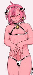 1boy animal_ears bare_shoulders blush bulge closed_eyes closed_mouth colored_skin cow_ears cow_print cow_print_bikini cow_tail cowbell demon_boy demon_horns earrings horns jewelry male_focus nemge penis pink_hair pink_skin pointy_ears print_bikini simple_background standing sweatdrop tail