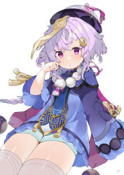 Rule 34 | 1girl, absurdres, bead necklace, beads, blush, braid, chinese clothes, genshin impact, hair ornament, hat, highres, jewelry, jiangshi, long hair, long sleeves, looking at viewer, necklace, ofuda, parted lips, purple eyes, purple hair, purple hat, qingdai guanmao, qiqi (genshin impact), shin no tenpii, short shorts, shorts, simple background, single braid, solo, thighhighs, thighs, white background, white thighhighs, wide sleeves