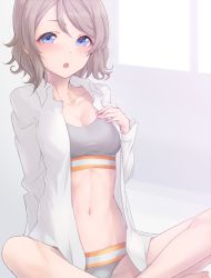 Rule 34 | 1girl, artist name, artist request, blue eyes, blush, bra, breasts, cleavage, collarbone, collared shirt, female focus, grey bra, grey hair, hand on chest, highres, light brown hair, long sleeves, looking at viewer, love live!, love live! sunshine!!, medium breasts, naked shirt, nasuno (nasuno42), parted lips, shirt, short hair, solo, underwear, watanabe you, white shirt