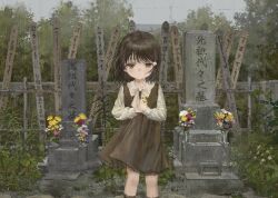 Rule 34 | 1girl, absurdres, brown eyes, brown hair, dress, flower, highres, looking at viewer, namuta, original, outdoors, own hands together, solo, standing, tagme, tombstone, translation request