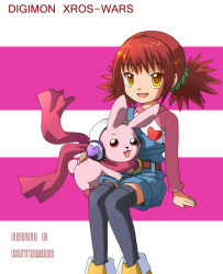 Rule 34 | 1girl, animal, belt, boots, bunches, bunching hair, character name, copyright name, cutemon, digimon, digimon (creature), digimon xros wars, fuzuki imeri, hair tie, hinomoto akari, open mouth, overalls, red hair, ribbon, simple background, smile, text focus, thighhighs, twintails, yellow eyes