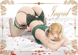 Rule 34 | 1girl, all fours, ass, back, blonde hair, blush, bridal garter, character name, closed mouth, commentary, commission, crop top, english commentary, english text, fire emblem, fire emblem: three houses, fire emblem heroes, fishnet thighhighs, fishnets, garter belt, garter straps, green eyes, green panties, highres, ingrid brandl galatea, lace trim, looking at viewer, median furrow, mixed-language commentary, nintendo, panties, parted bangs, petals, shizuko hideyoshi, skindentation, smile, solo, thighhighs, thong, top-down bottom-up, underwear, underwear only